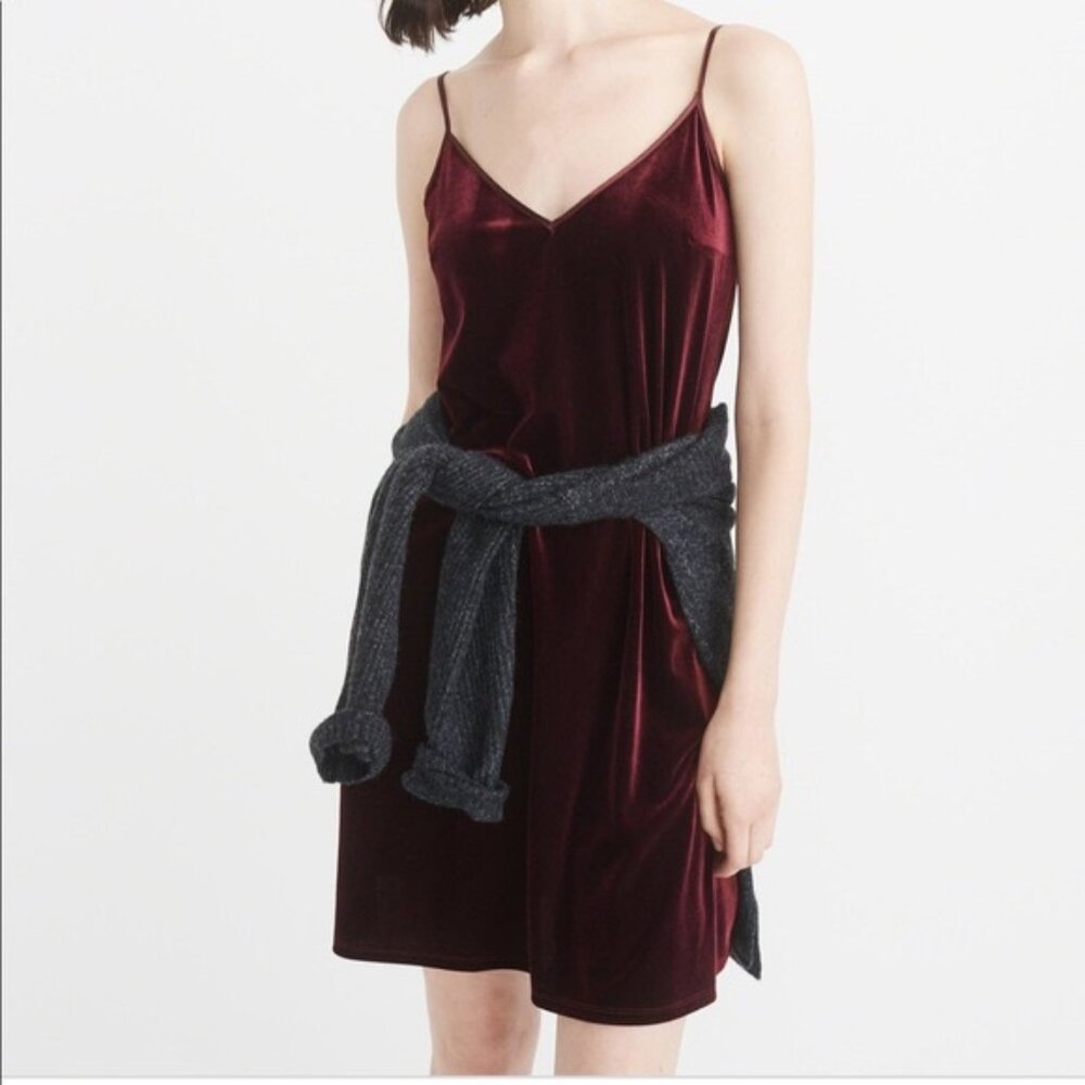 Abercrombie & Fitch Velvet Slip Dress in Burgundy with Charcoal Knit Accent